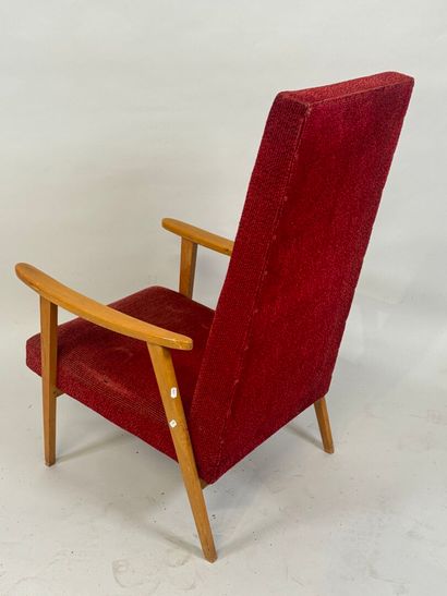 Light wood armchair, red fabric upholstery.
96...