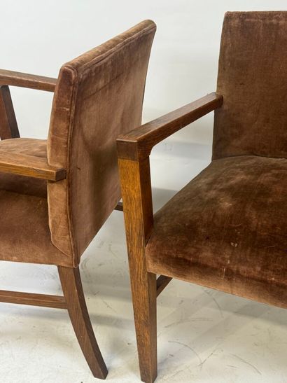 Pair of molded wood armchairs, brown velvet...