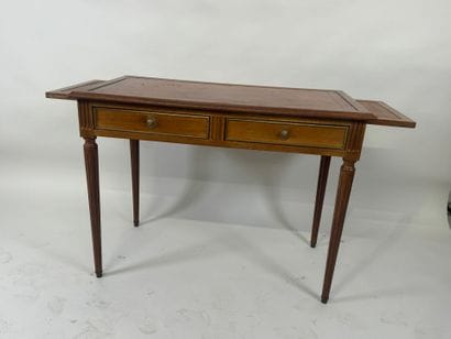 Flat desk in molded wood opening with two...