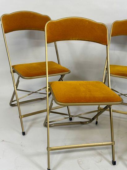 Set of four folding chairs in wood and gilded...