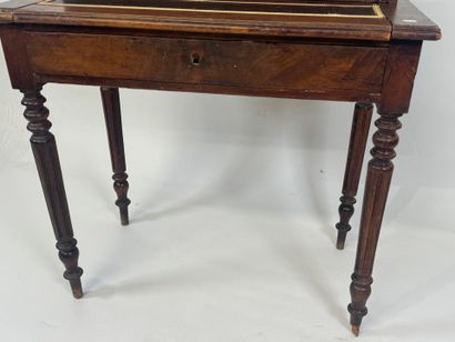 Stained wood stepped desk opening with a...