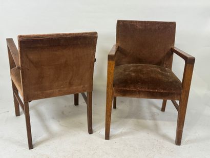 Pair of molded wood armchairs, brown velvet...