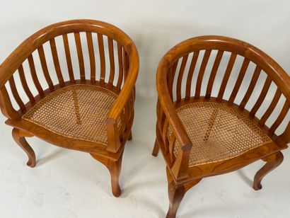 Pair of stained wood armchairs, curved openwork...