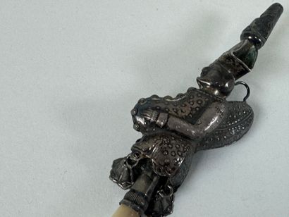 Silver whistling rattle with mother-of-pearl...
