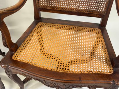 Pair of molded and carved wood armchairs,...