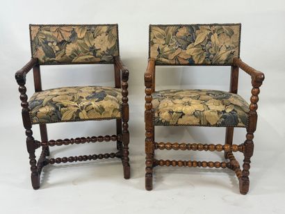 Pair of molded wood armchairs, H-shaped crossbeam,...