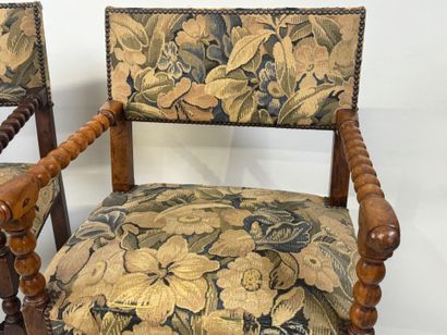 Pair of molded wood armchairs, H-shaped crossbeam,...