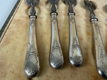 Six silver-plated oyster forks with foliate...