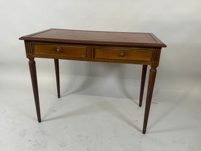 Flat desk in molded wood opening with two...