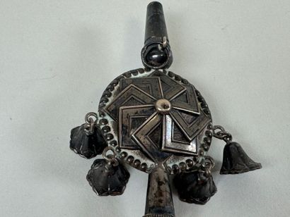 Silver whistling rattle with mother-of-pearl...