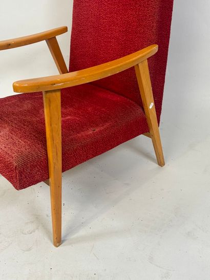 Light wood armchair, red fabric upholstery.
96...