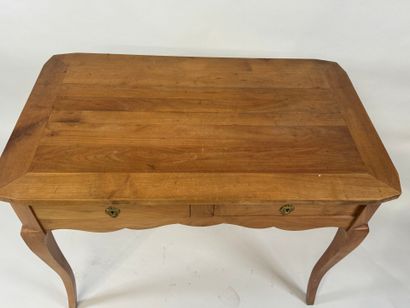 Light wood desk opening with two drawers....