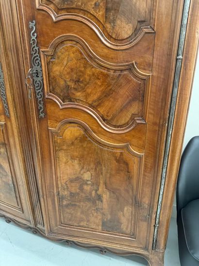 Large walnut armoire opening with two molded...