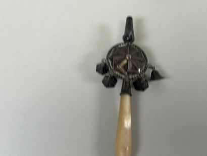 Silver whistling rattle with mother-of-pearl...