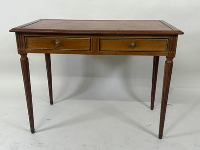 Flat desk in molded wood opening with two...