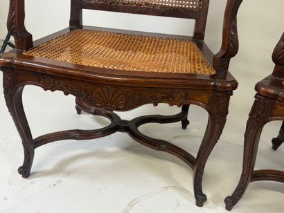 Pair of molded and carved wood armchairs,...