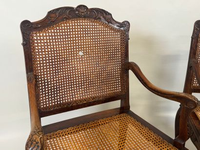 Pair of molded and carved wood armchairs,...