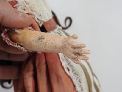 Doll with boiled cardboard head, fixed glass...
