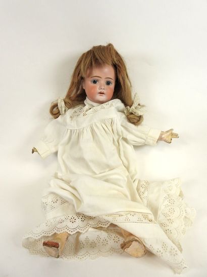 Bisque head doll, fixed eyes, open mouth...