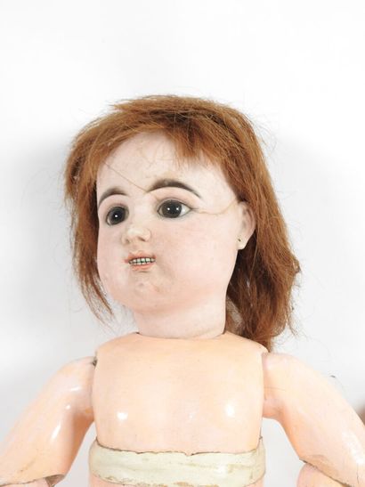 Bisque head doll, open glass eyes, open mouth...