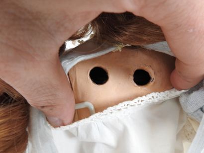 Bisque head doll, fixed eyes, open mouth...