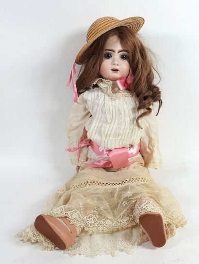 Bisque head doll, fixed glass eyes, open...