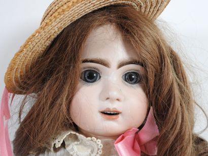 Bisque head doll, fixed glass eyes, open...