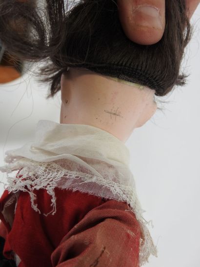 Doll with boiled cardboard head, fixed glass...