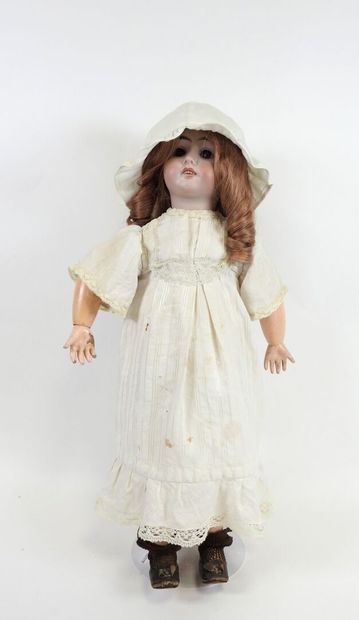 Bisque head doll, fixed eyes, open mouth...