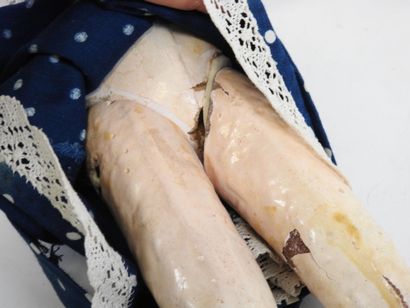 Bisque head doll, fixed eyes, open mouth...