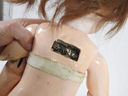 Bisque head doll, open glass eyes, open mouth...