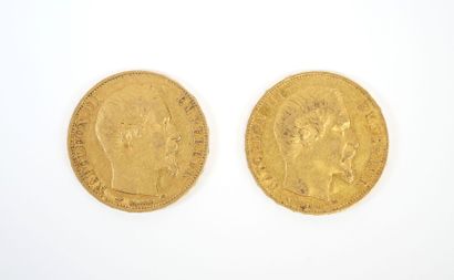 Two 20 franc gold coins, Napoleon III bareheaded,...