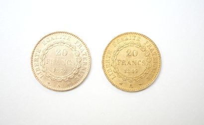 Two 20 franc gold coins, Génie, 1849A and...