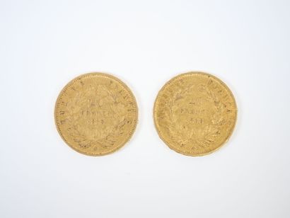 Two 20 franc gold coins, Napoleon III bareheaded,...