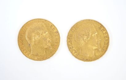 Two 20 franc gold coins, Napoleon III bareheaded,...