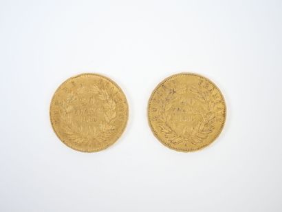 Two 20 franc gold coins, Napoleon III bareheaded,...