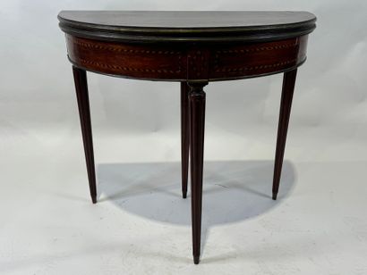 Mahogany and brass veneered half-moon console...