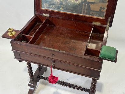 Small mahogany workbench opening with a flap...