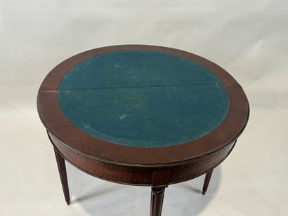 Mahogany and brass veneered half-moon console...
