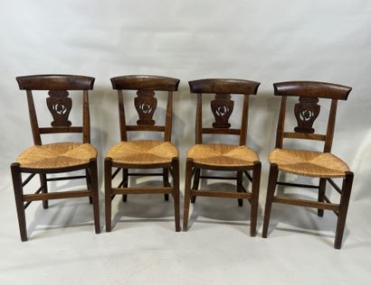 Set of four walnut chairs, straw seat, openwork...