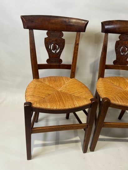 Set of four walnut chairs, straw seat, openwork...