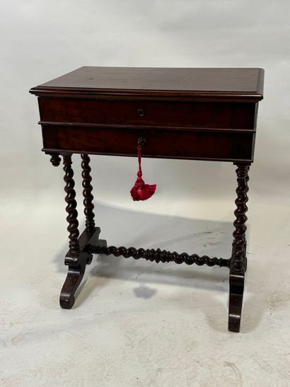 Small mahogany workbench opening with a flap...