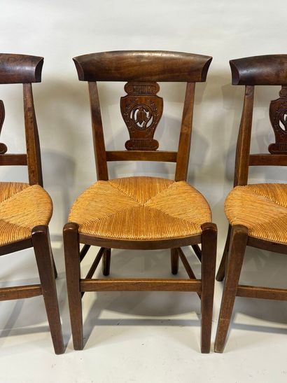 Set of four walnut chairs, straw seat, openwork...