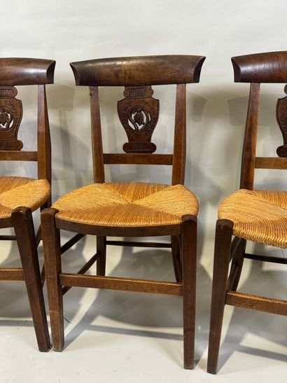 Set of four walnut chairs, straw seat, openwork...