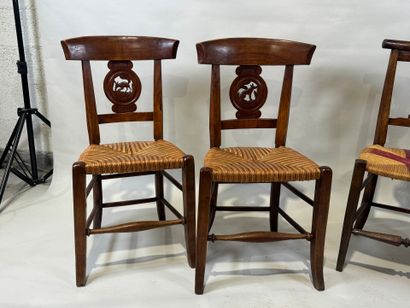 Two pairs of walnut chairs, straw-bottomed...