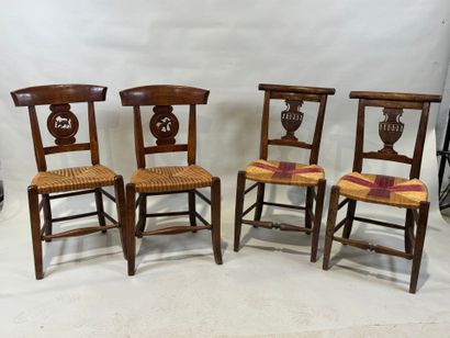 Two pairs of walnut chairs, straw-bottomed...