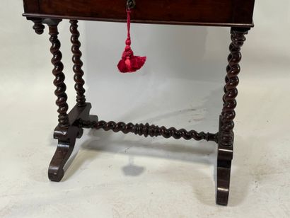Small mahogany workbench opening with a flap...