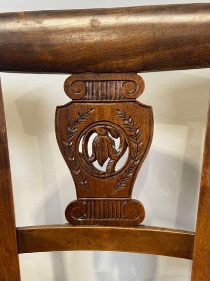 Set of four walnut chairs, straw seat, openwork...