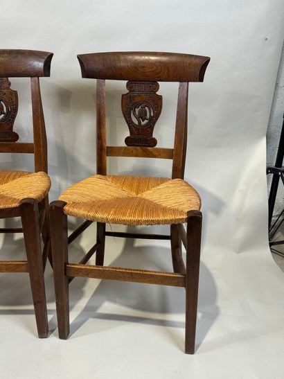 Set of four walnut chairs, straw seat, openwork...