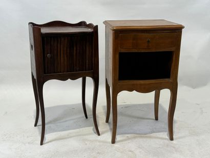Two wooden bedside tables, one with curtain...